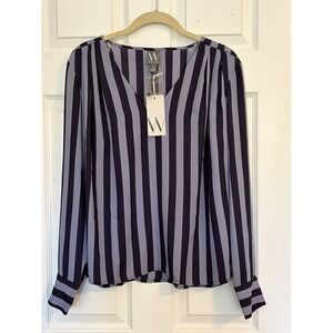 NWT Worthington Blouse Sz M Purple Striped V Neck Long Sleeve Button Cuff